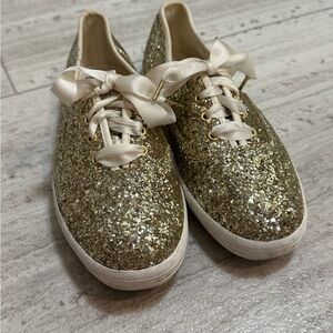 Kate Spade x Keds Gold Glitter Sneakers Satin Lace Size 7.5